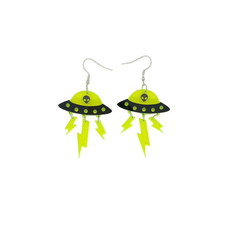 Pendientes de platillo volador alienígena OVNI con luna, estrella, vaca, gato y arco iris de acrílico extragrande para mujer con detalle cortado a láser
