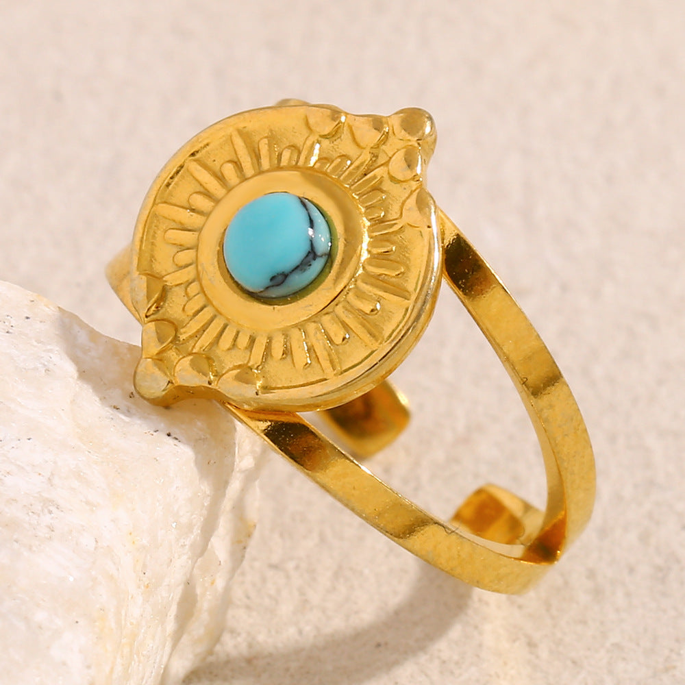 Anello da Donna Aperto a Fascia Stile Retrò Turchese Geometrico in Acciaio Inossidabile Placcato Oro 18K