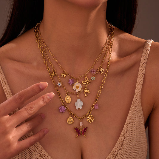 Fashionable Daisy Butterfly Pendant Necklace in Stainless Steel with Plated Finish for Women
