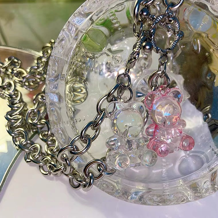 Originale Simpatico Orsetto Acciaio Inossidabile Placcato Collana Girocollo con Ciondolo Orsetto in Cristallo Trasparente Iridiscente