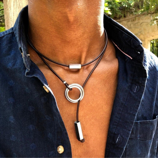 Geometric Round Leather Alloy Pendant Cable Chain Necklace Adjustable Multi-Layer Choker for Unisex