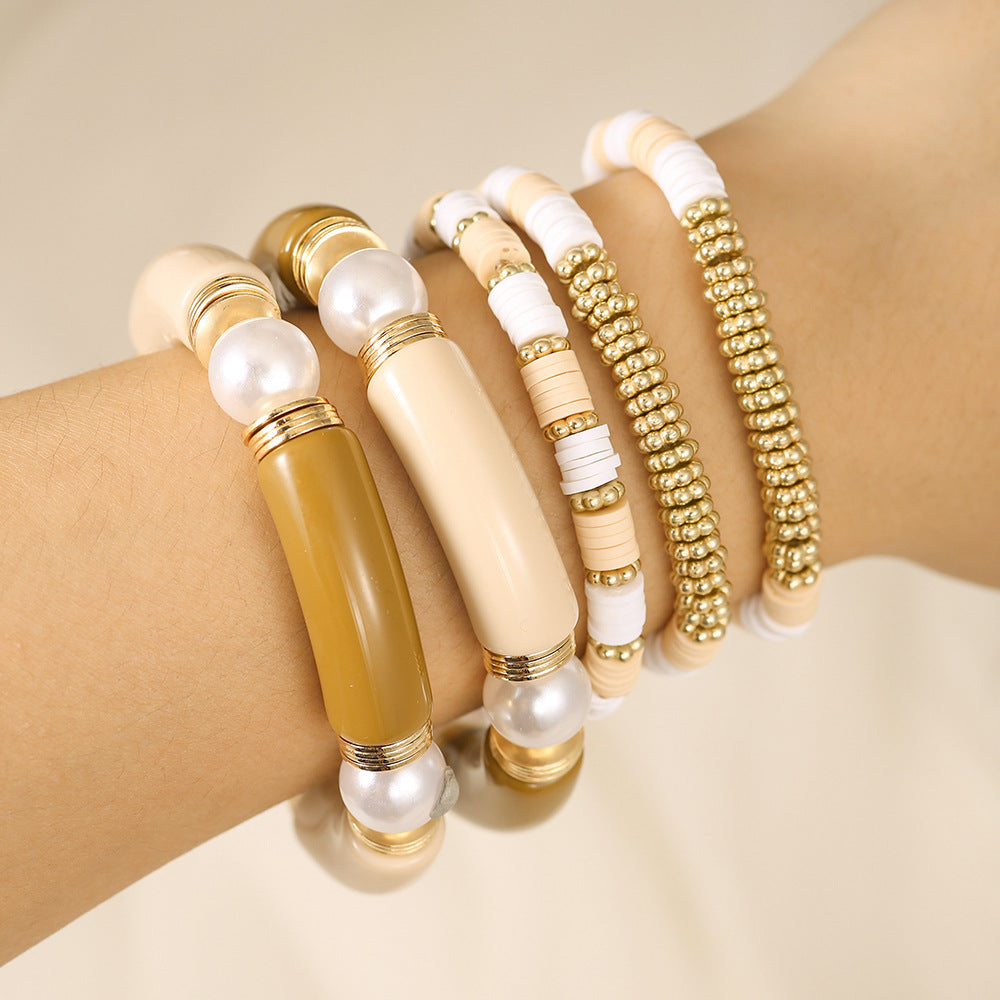 Bohemian Ethnic Geometric Round Acrylic Resin Pearl Bracelet Set for Women
