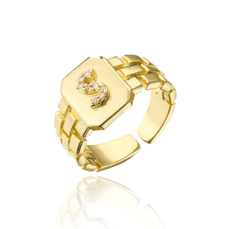 Minimalist Adjustable Open Ring with 18K Gold Plated Copper Band and AAA Zircon Letters Design