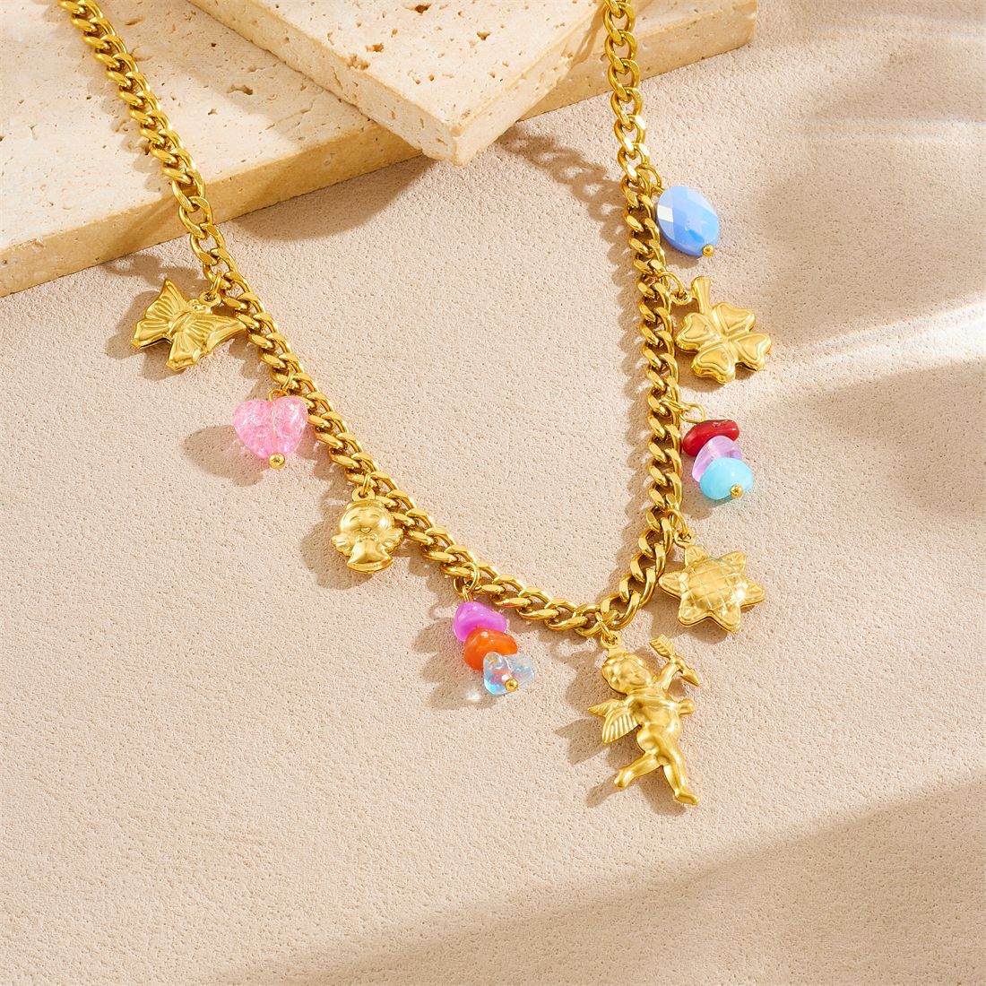 Cute Cartoon Gold Plated Stainless Steel Butterfly Flower Angel Pendant Jewelry Set for Women