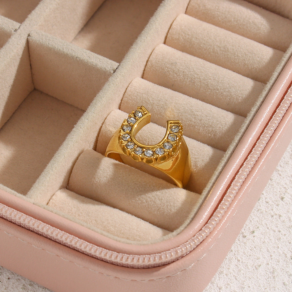 Anello da donna in acciaio inossidabile placcato oro 18K a forma di U con zircone, design geometrico e minimalista