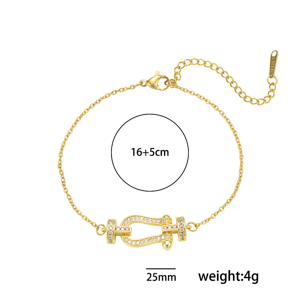 Minimalist U-Shaped Titanium Steel Plated Bracelet for Women with Micro-Pavé Rhinestone Accents and Letter Design