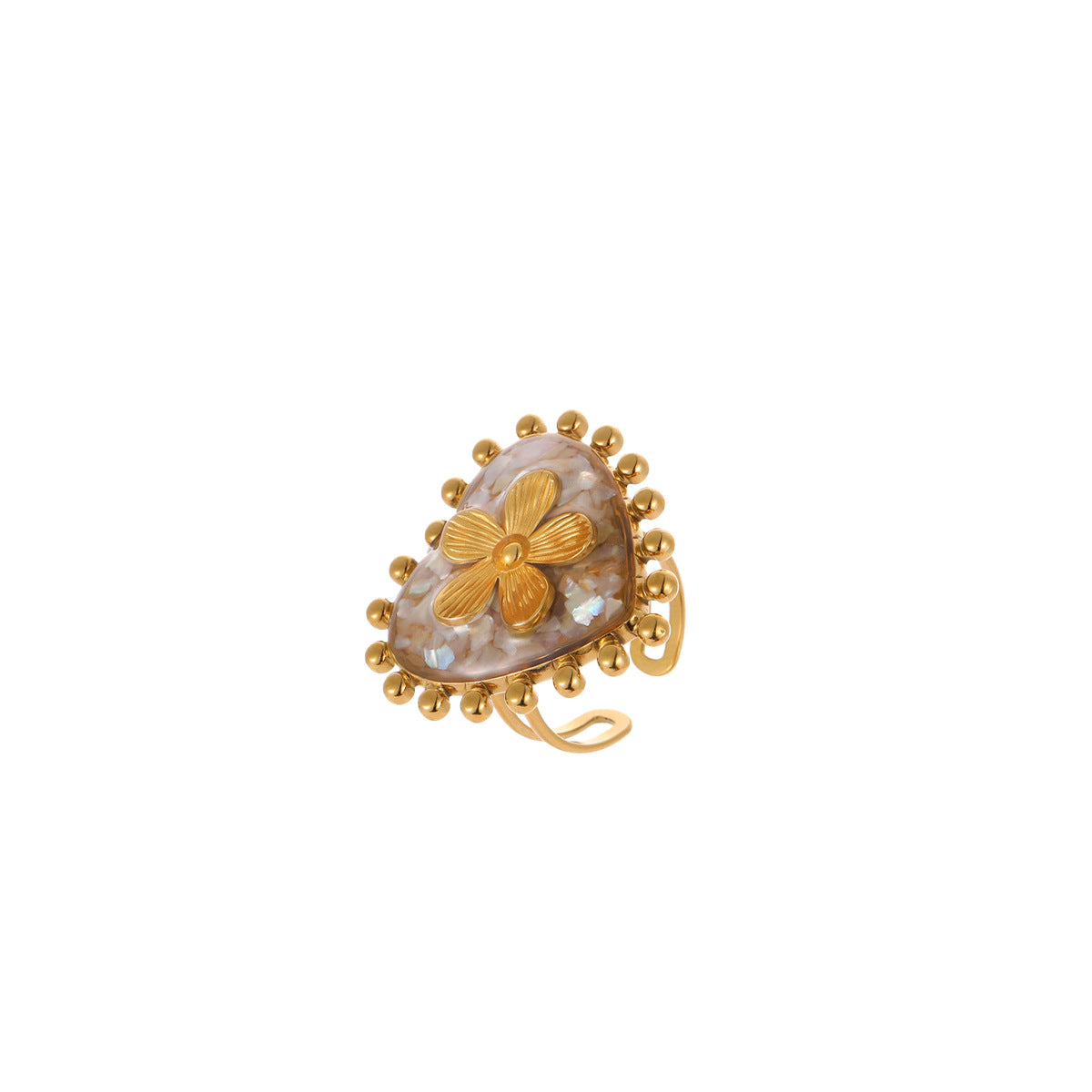Anillo de corazón y flor de acero de titanio chapado en oro de 18 quilates, estilo francés de lujo para mujer