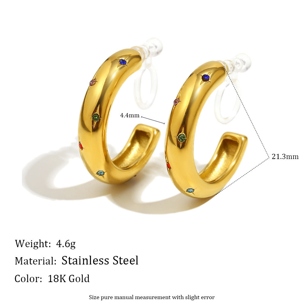 Fashionable Geometric Stainless Steel Plated 18K Gold Zircon Flower Pearl Clip-On Earrings for Women
