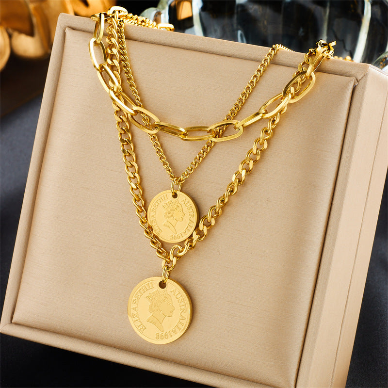 Vintage Luxury Gold Plated Heart Butterfly Round Stainless Steel Necklace with Pearl Multi-Layer