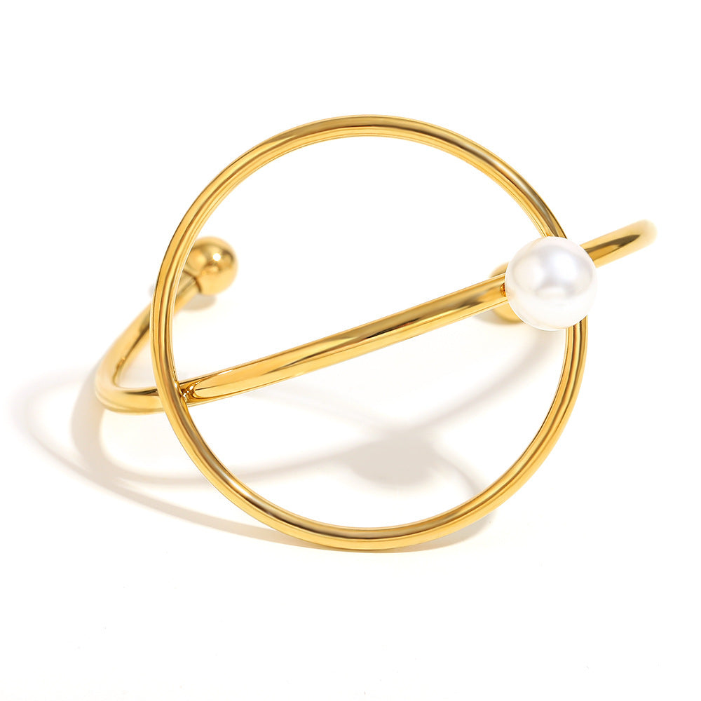 Minimalist Stainless Steel Bracelet with 18K Gold Plating, Pearl-Embellished Knot Detail and Geometric Circular Design for Women