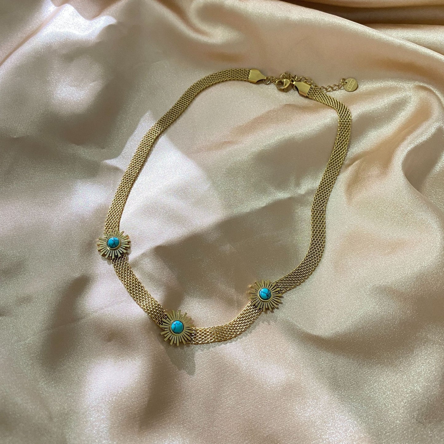 Gold Plated Titanium Steel Geometric Sunflower Necklace with Turquoise Inlay for Unisex