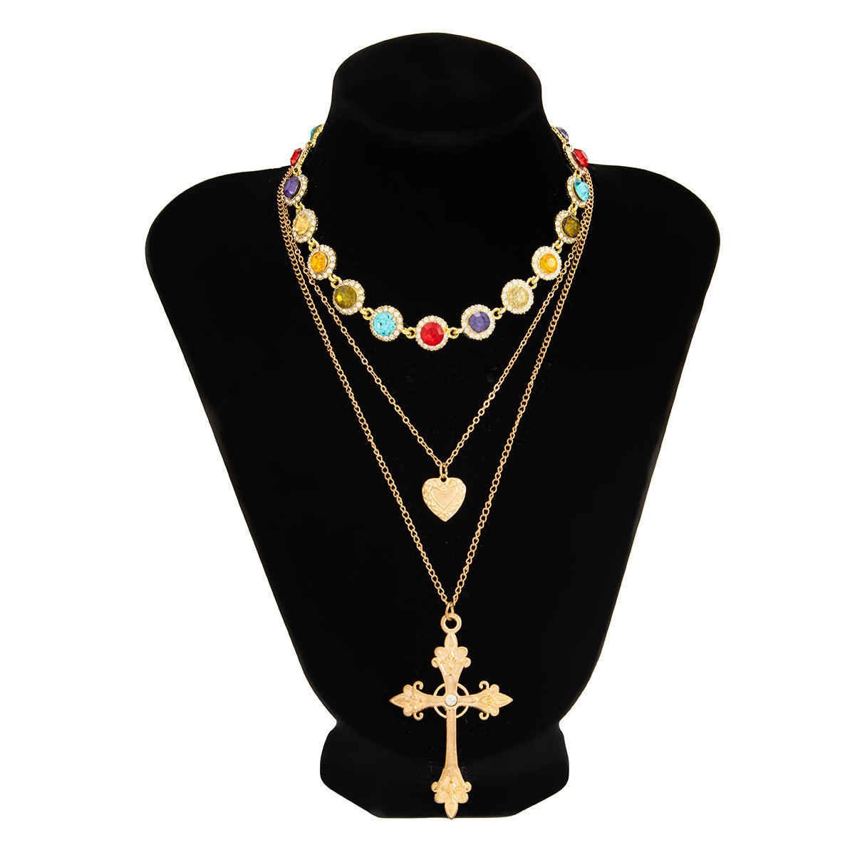Collar casual chapado en aleación con diseño floral geométrico de corazón y cruz, con incrustaciones de cristal y estrás para mujer