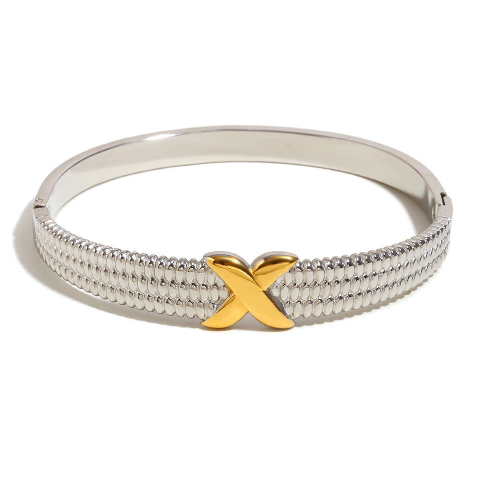 Minimalist Geometric X-Shape Stainless Steel Plated 18K Gold Toggle Bracelet for Women