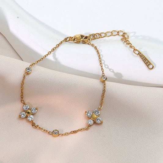 Elegant 18K Gold Plated Stainless Steel Floral Geometric Rhinestone Bracelet for Women