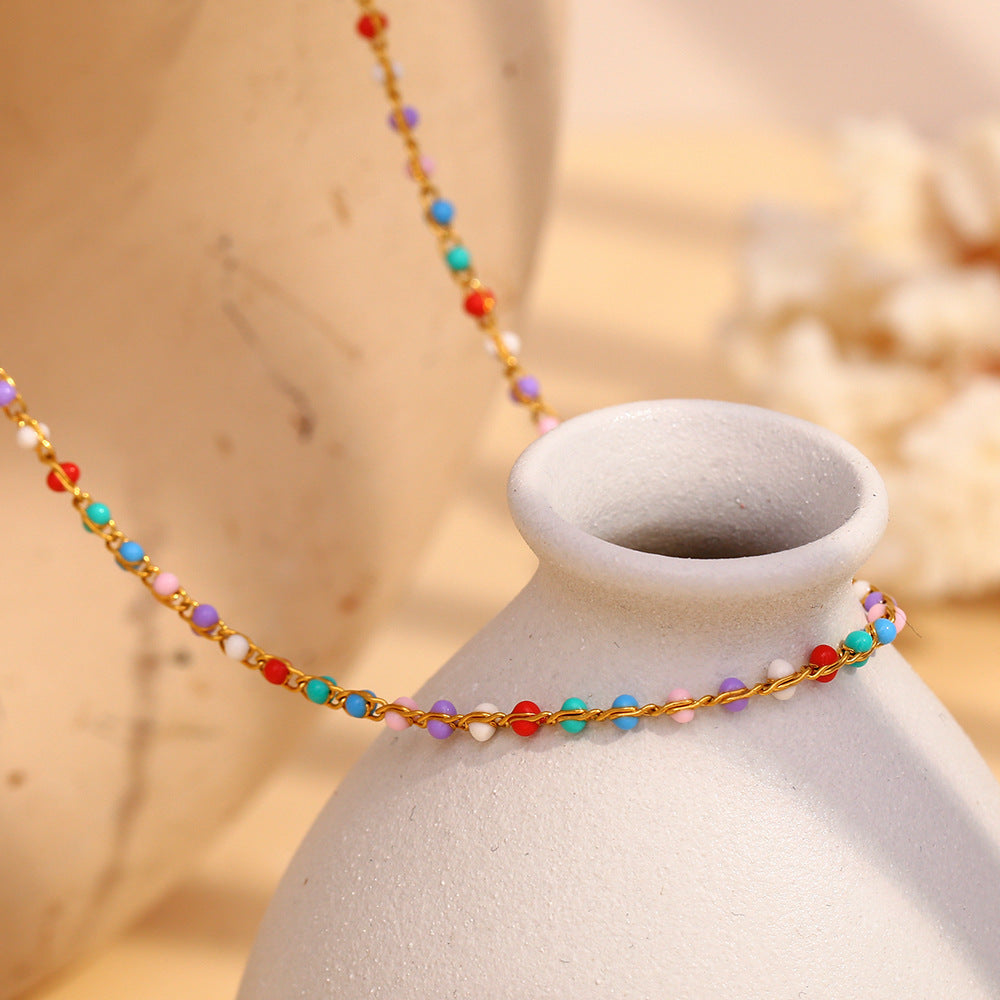 Fashionable Minimalist Geometric Pendant Necklace in Stainless Steel with 18K Gold Plating and Enamel Accents for Women