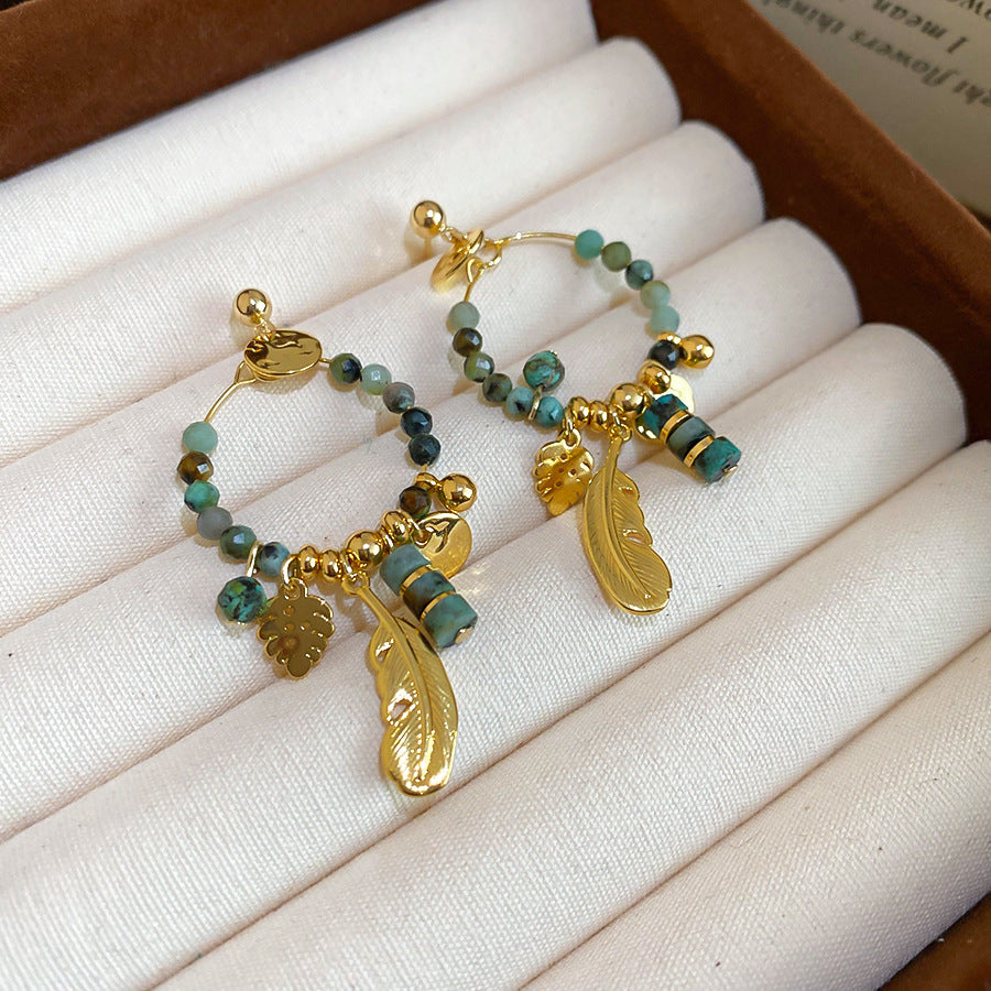 Orecchini Pendenti Etnici Vintage Geometrici con Piume e Pietre, con Perni in Argento 925 Placcato Oro 14K per Donna