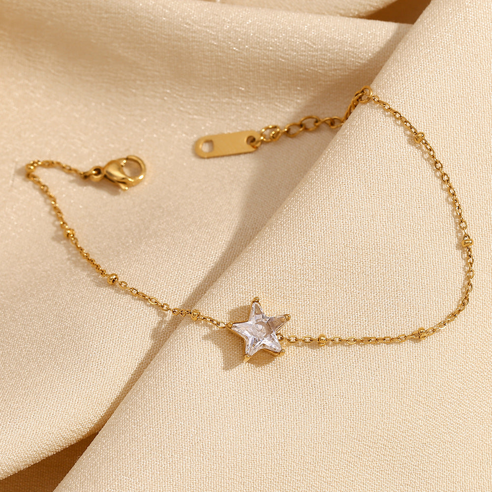 Fashionable Geometric Stainless Steel Plated 18K Gold Five-Pointed Star Beaded Bracelet for Women