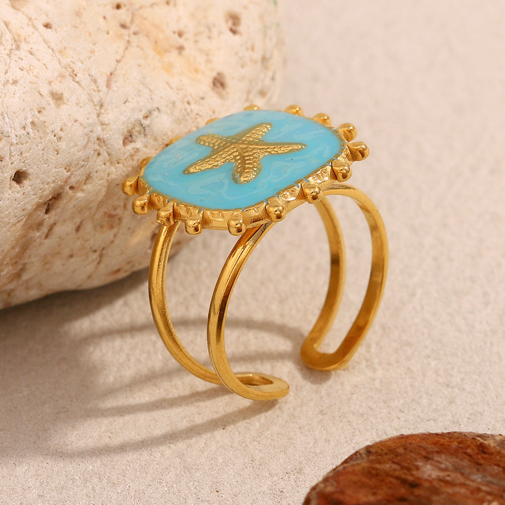 Anello da donna in acciaio inossidabile con placcatura in oro 18 carati e design a stella in smalto, ispirato al vintage