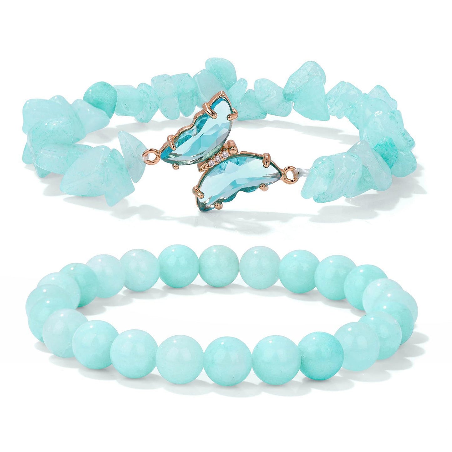 Minimalist Natural Amethyst and White Cat's Eye Crystal Chip Beaded Bracelet with Butterfly Charm for Women