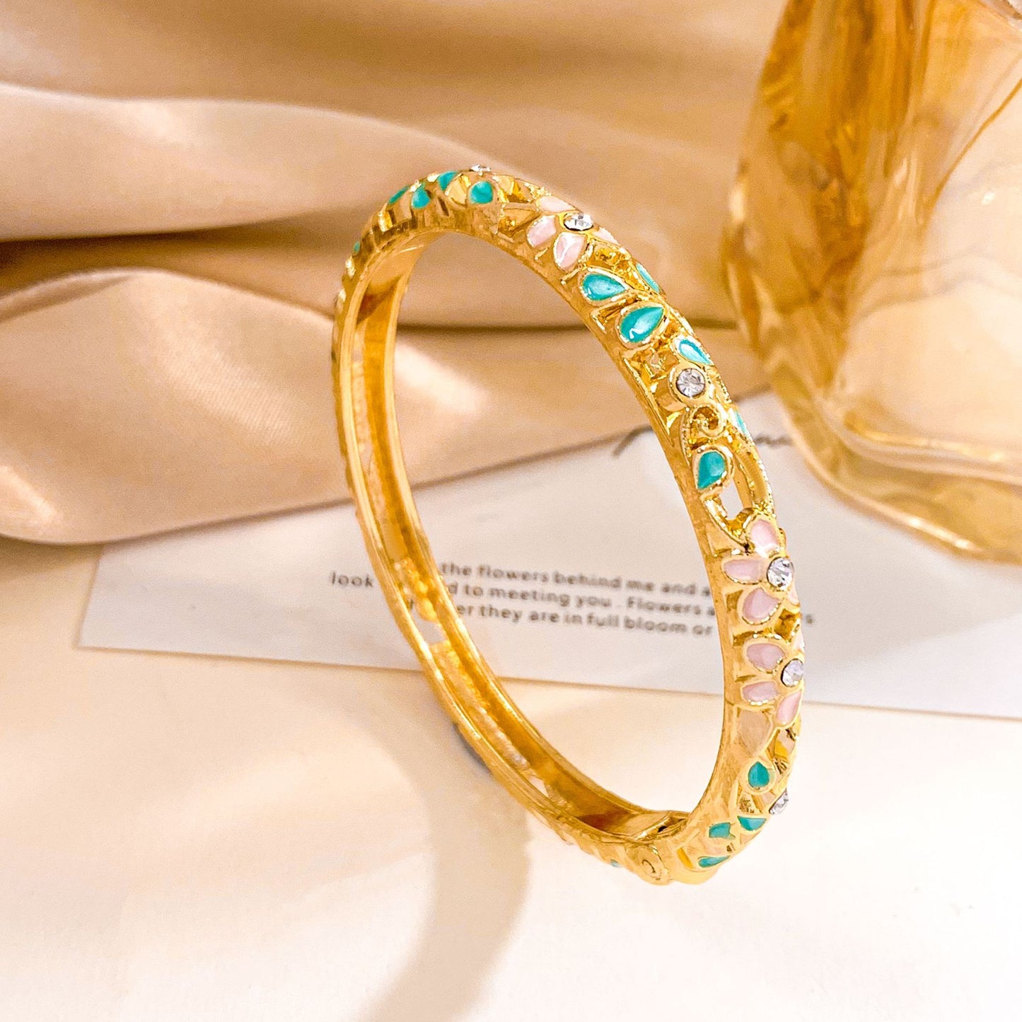 Elegant Floral Enamel Cubic Zirconia Inlaid Alloy Bangle Bracelet