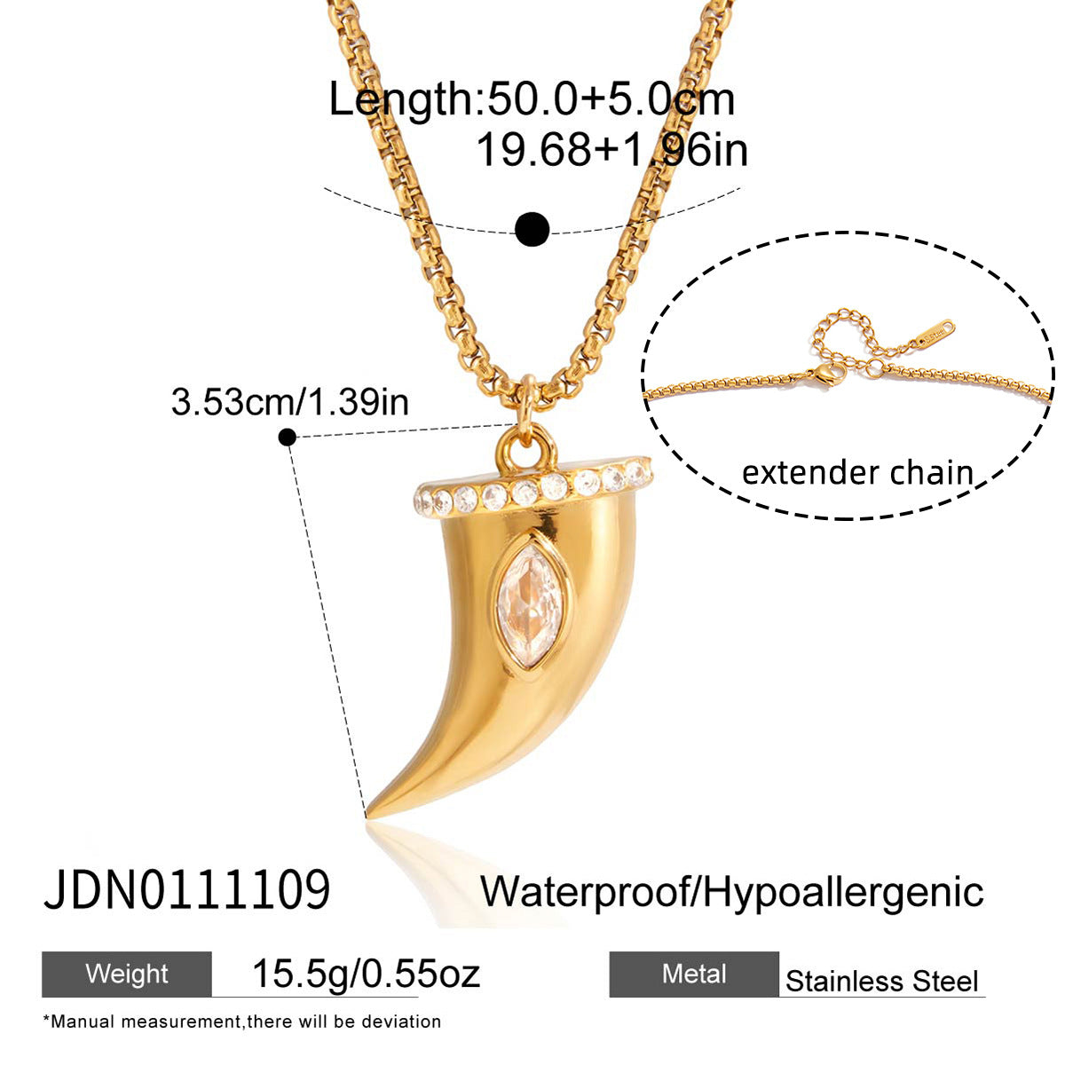 Collana con Pendente Minimalista in Acciaio al Titanio a Forma di Corno con Intarsio in Zirconi e Placcatura in Oro PVD da Donna
