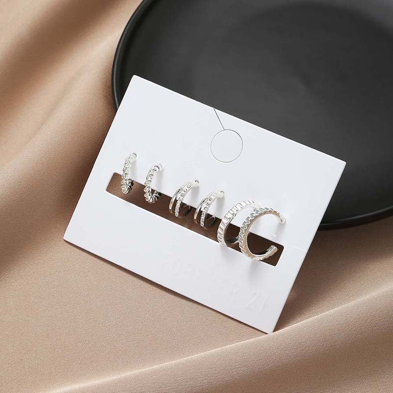 Minimalist Geometric Round Rhinestone Inlay Alloy C-Shaped Stud Earrings Set