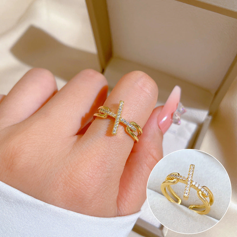 Minimalist Sweet Geometric Round Brass Plated Rhinestone Ring for Women and Men