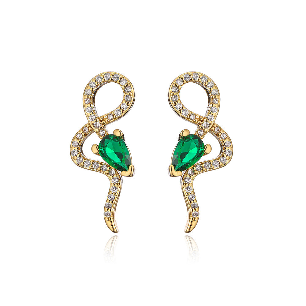 Ins Trendy Geometric Snake Shaped Copper Stud Earrings with 18K Gold Plating and Green Zircon