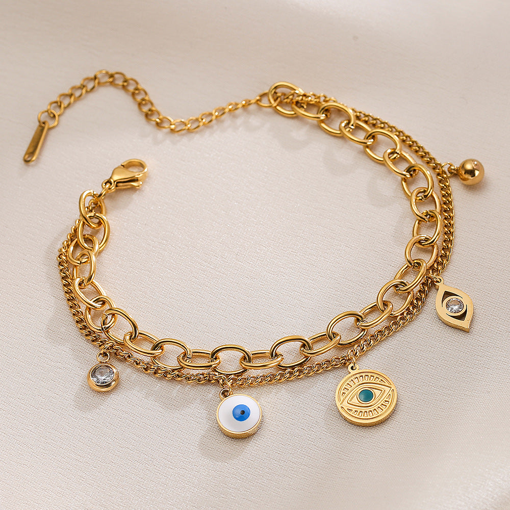 Fashionable Minimalist Geometric Titanium Steel Double-Layer Evil Eye Bracelet for Women