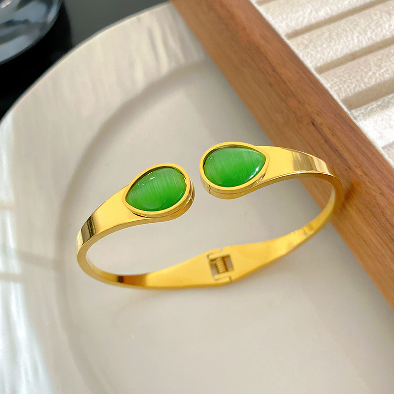 Vintage Elegant Teardrop Cat's Eye Inlay Polished Titanium Steel Cuff Bracelet