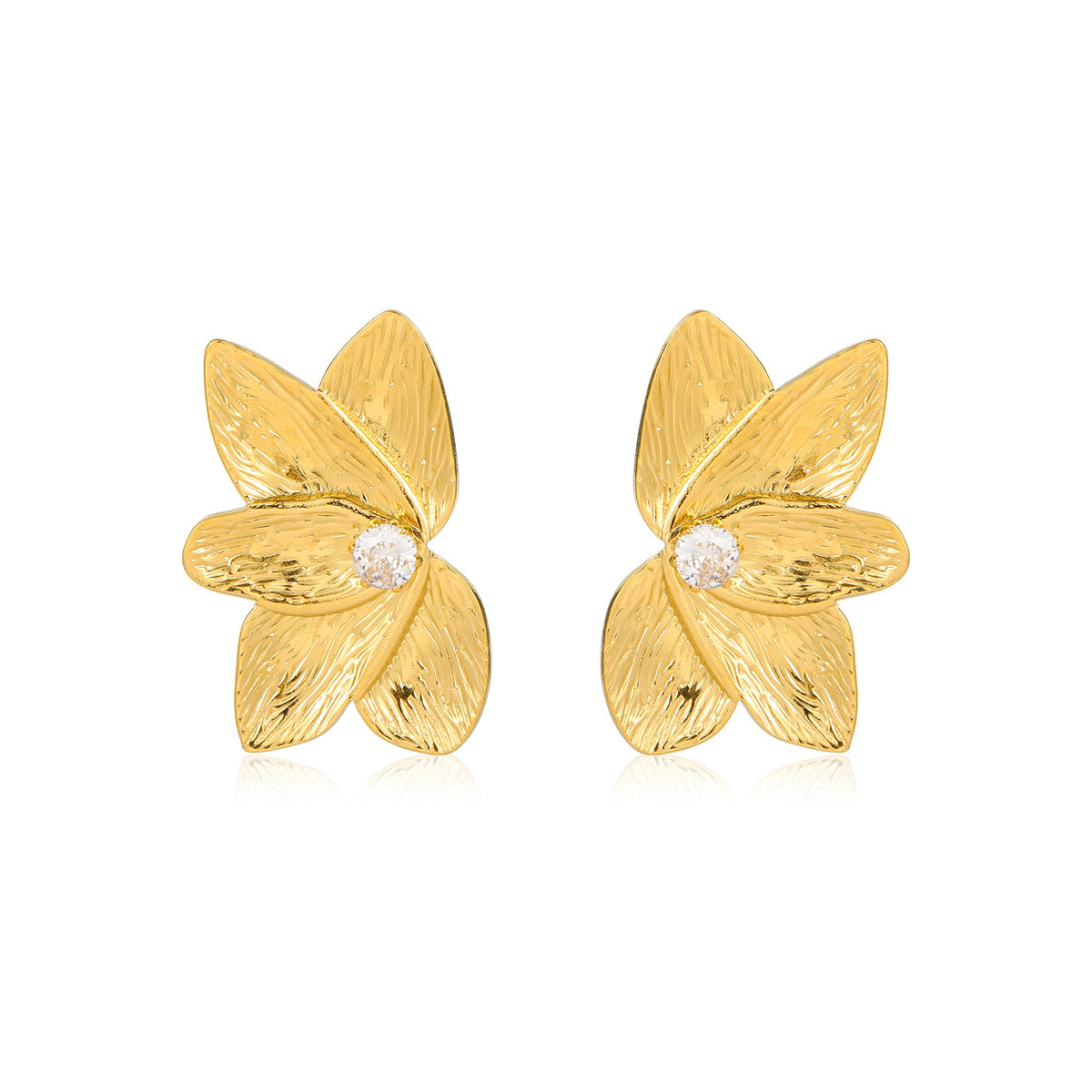 Orecchini Minimalisti in Acciaio Inossidabile con Placcatura in Oro 18K, a Mezzo Petalo, con Intarsio di Zirconi, da Donna