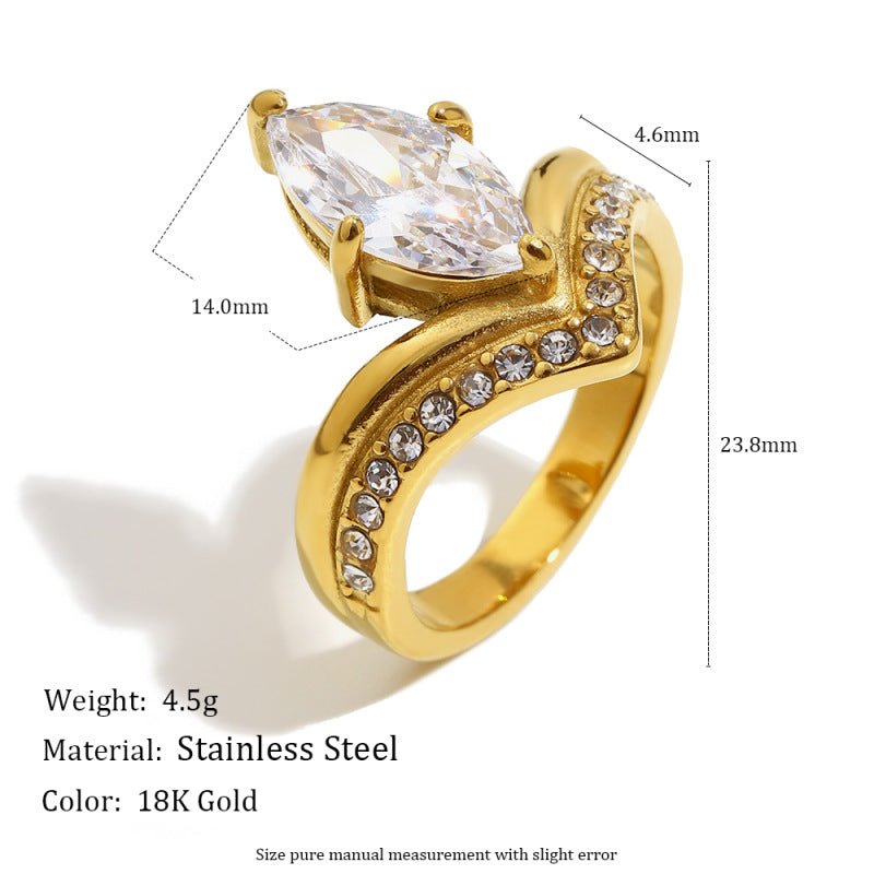 Luxury Minimalist Marquise Teardrop Geometric Gold Plated Stainless Steel Ring with Cubic Zirconia for Women
