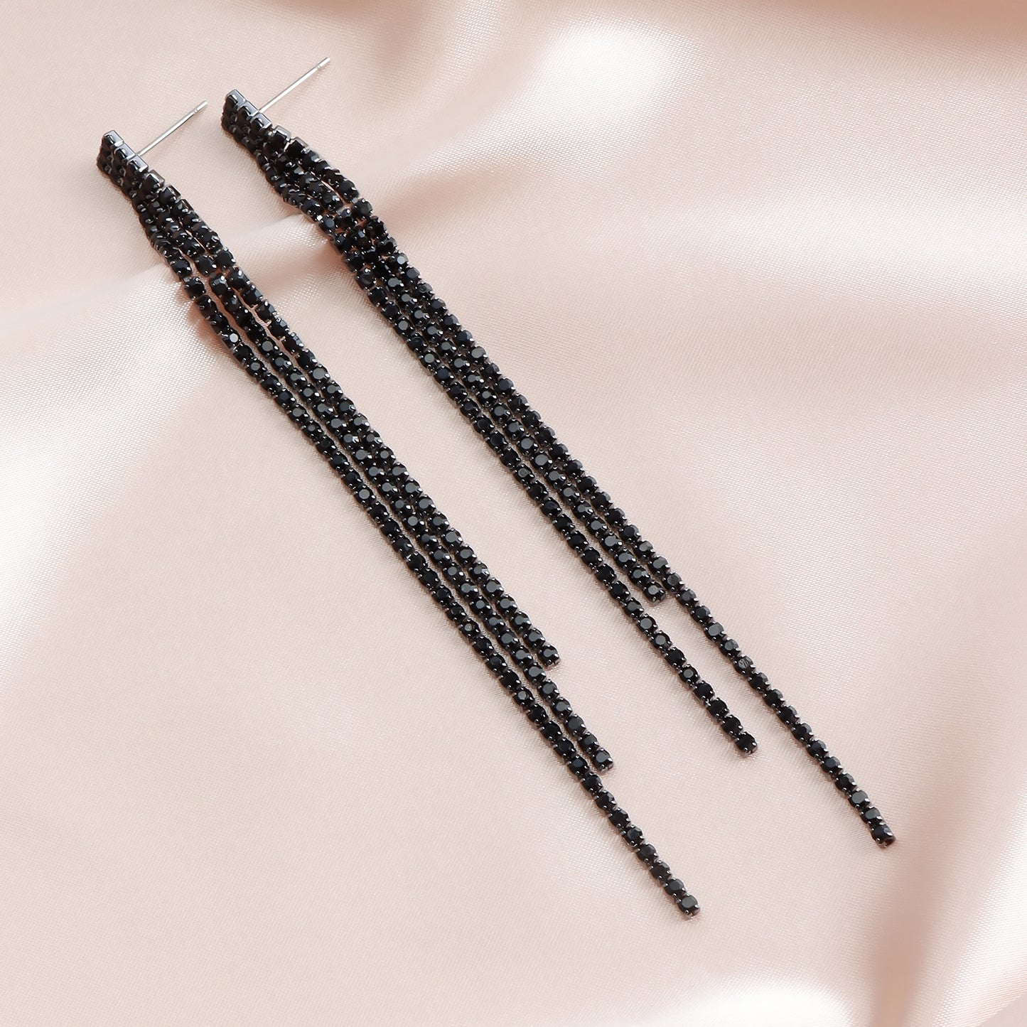 Geometric Black Sparkling Claw Chain Tassel Earrings for Women with Rhinestone Accents and Plated Finish