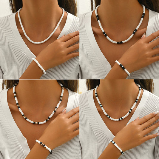 Minimalist Fresh Seashell Braided Necklace and Bracelet Set for Women with Mother of Pearl Pendant on Ball Chain