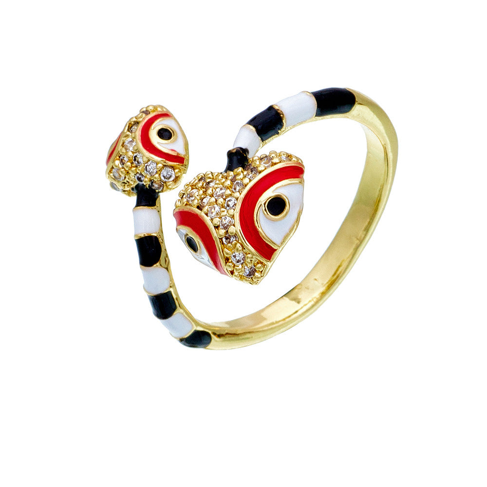 Anello geometrico minimalista in rame con zirconi micro-incastonati e finitura smaltata da donna