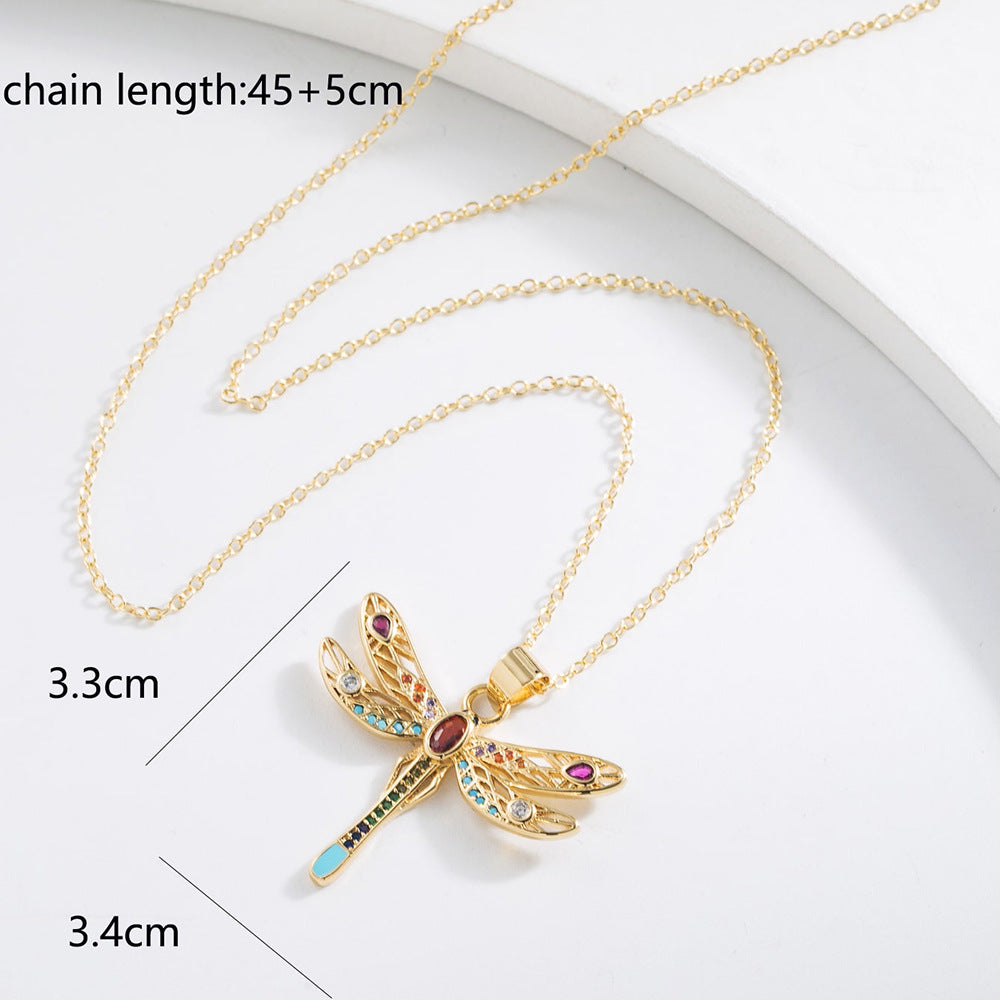 Elegant French-Style Dragonfly Pendant Necklace for Women in Copper with Real Gold Plating and Zircon Inlay