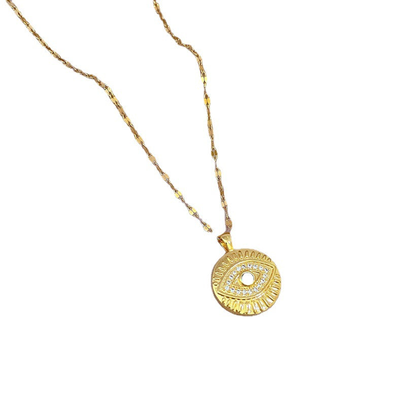 Collana con Ciondolo Occhio Geometrico Micro-Incastonato in Acciaio al Titanio di Lusso da Donna, Catena Clavicola alla Moda con Intarsio di Strass