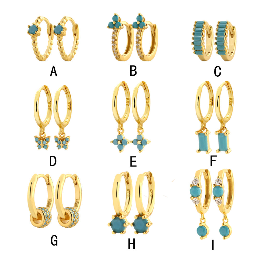 Aretes de aro de lujo para mujer de plata de ley 925, con diseño geométrico floral de mariposa en forma de lágrima y turquesa azul