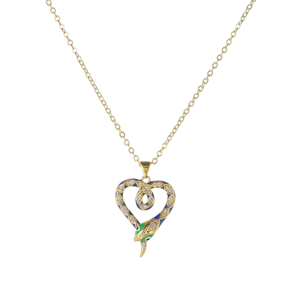 Luxury Elegant Snake Geometric Brass Drip Oil Cubic Zirconia Pendant Necklace Cable Chain for Women