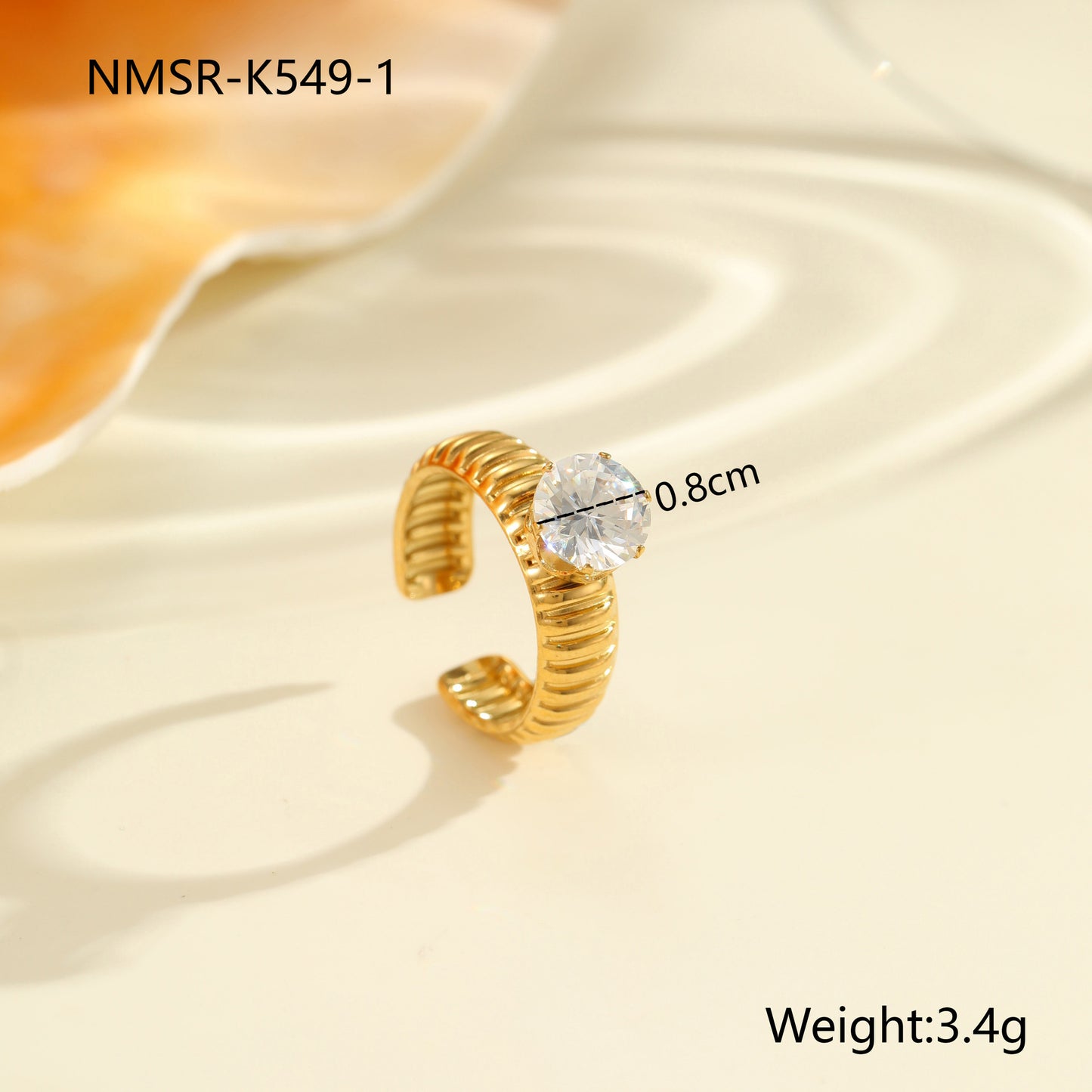 Luxury Geometric Stainless Steel Ring with Zircon Inlay and 18K Gold Plating Adjustable Women's Fashion Ring