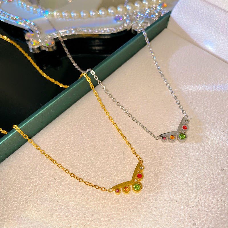 Sweet Streetwear Colorful Cubic Zirconia Crown Titanium Steel Necklace for Unisex