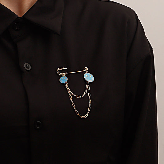 Hip Hop Style Blue Smiley Face Tassel Brooch for Women Alloy Geometric Pendant Pin with Plated Finish