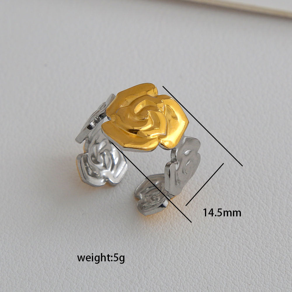 Anello aperto in acciaio inossidabile stile "Edgy Sweet" con motivo a croce e cuore, finitura placcata