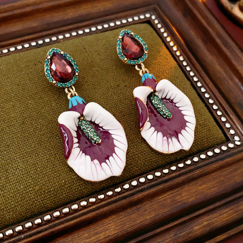 Vintage Chic Floral and Geometric Drop Earrings with Enamel Finish in Alloy with Stainless Steel Posts