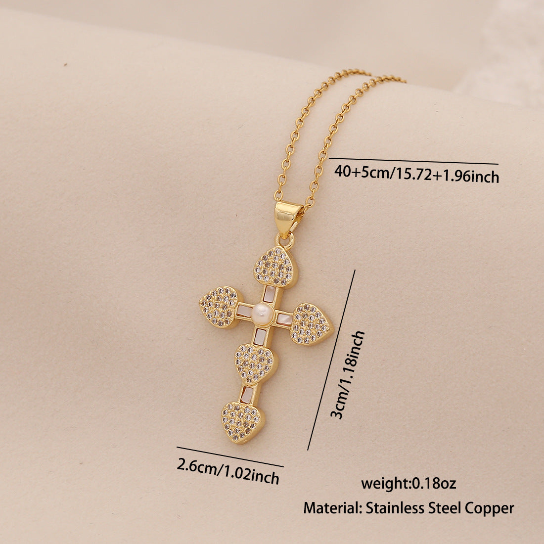 Collana personalizzata con croce in acciaio inossidabile, ciondolo in rame e perla finta