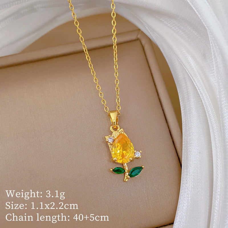 Sweet Elegant Champagne Gold Plated Titanium Steel Rose Moon Rhinestone Necklace Set for Women and Men