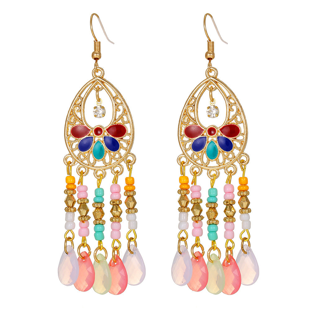 Vintage Bohemian Ethnic Geometric Round Alloy Plated Tassel Earrings for Women