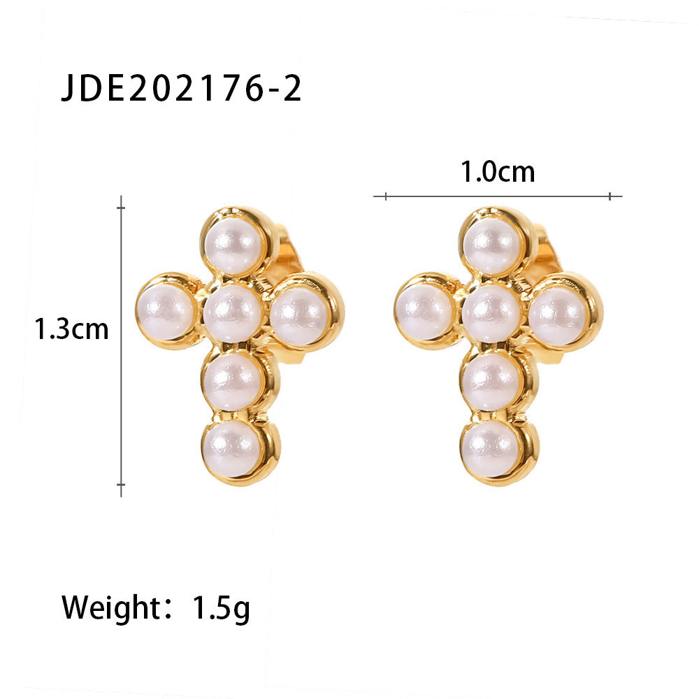 Elegant Cross Pearl Inlay Plated Stainless Steel Earrings for Women