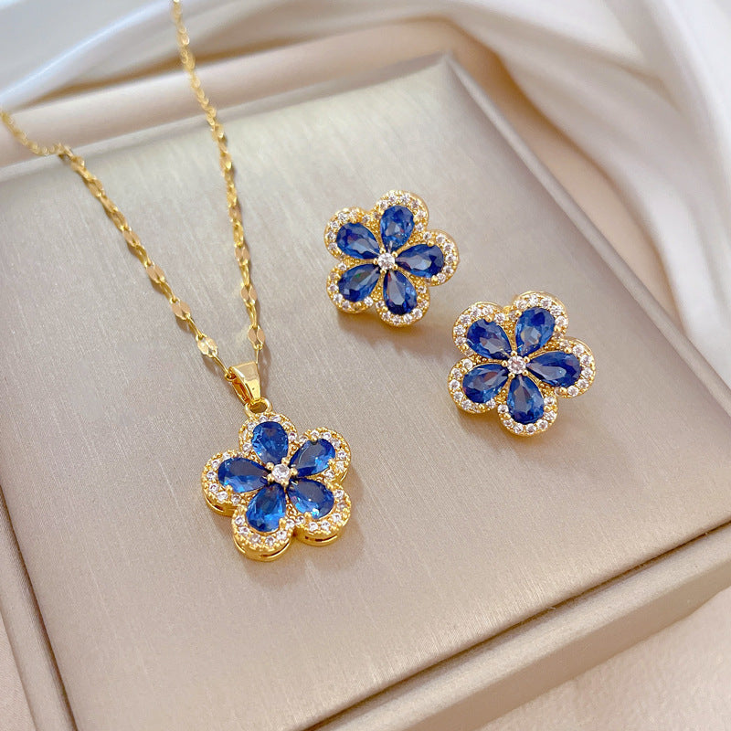 Luxury Fresh and Sweet Plated Brass Zircon Micro-Pave Earrings and Necklace Set