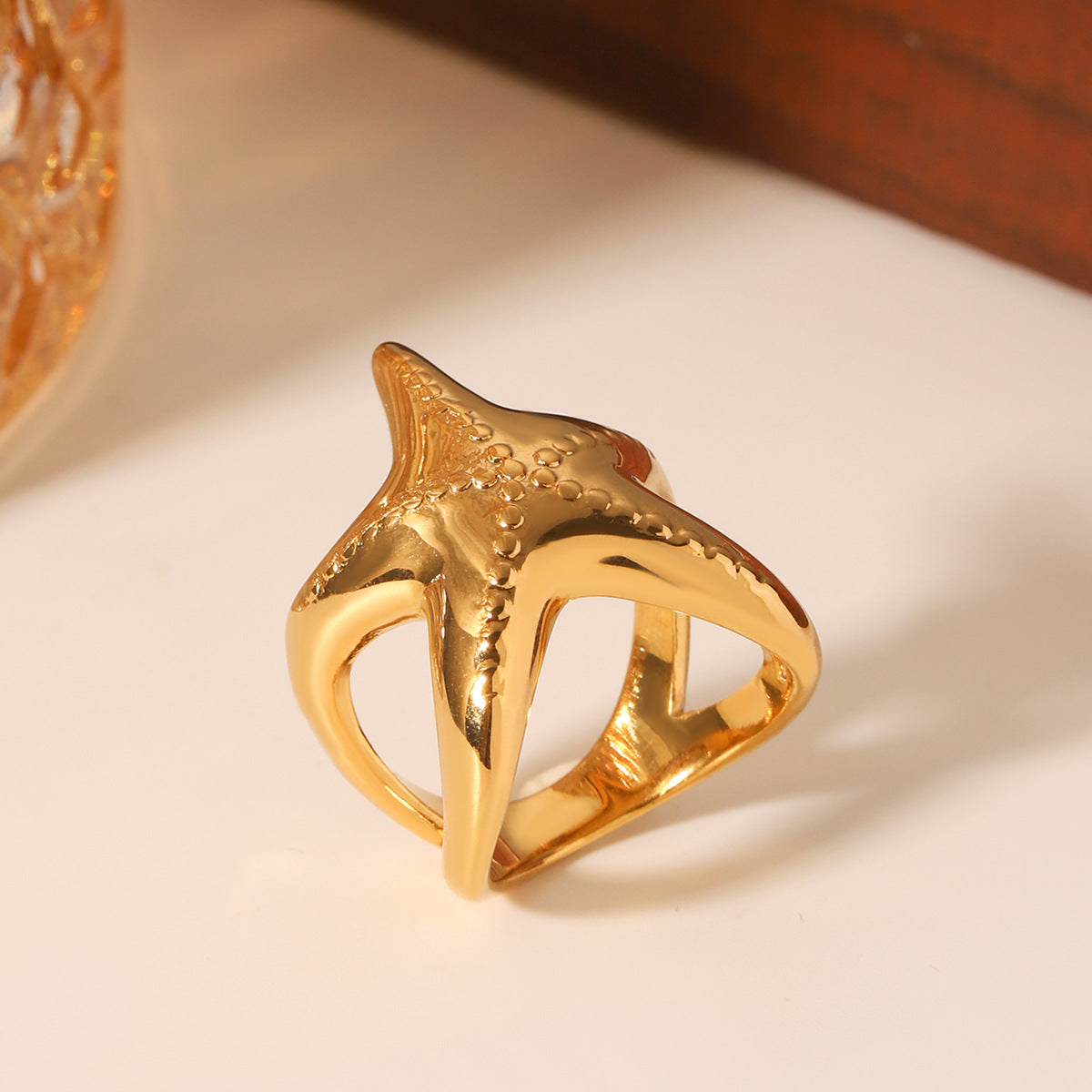 Anello da donna in acciaio inossidabile placcato oro 18 carati con stella marina stile oceano, gioielli geometrici con fusione animale